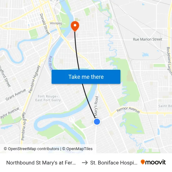 Northbound St Mary's at Fermor to St. Boniface Hospital map