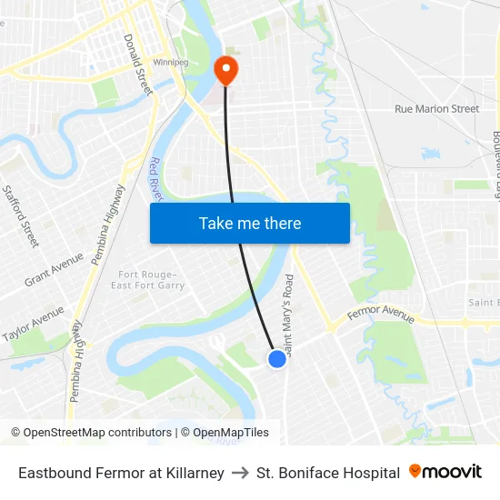 Eastbound Fermor at Killarney to St. Boniface Hospital map