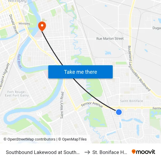 Southbound Lakewood at Southdale Centre to St. Boniface Hospital map