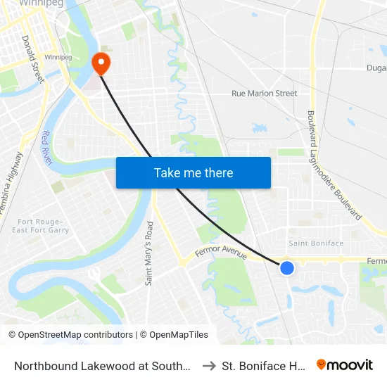 Northbound Lakewood at Southdale Centre to St. Boniface Hospital map