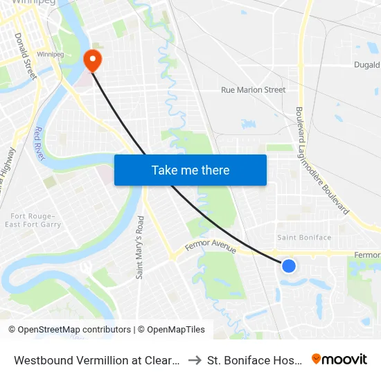 Westbound Vermillion at Clearwater to St. Boniface Hospital map