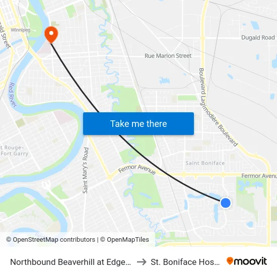 Northbound Beaverhill at Edgewater to St. Boniface Hospital map