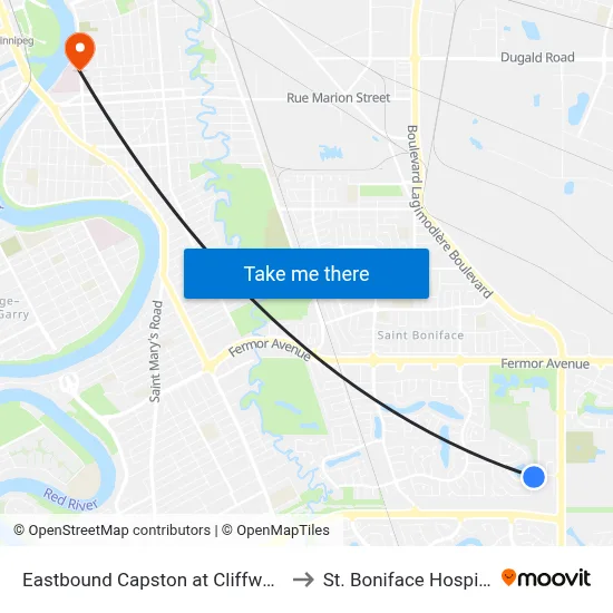 Eastbound Capston at Cliffwood to St. Boniface Hospital map