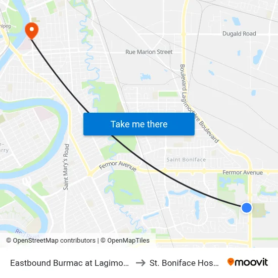 Eastbound Burmac at Lagimodiere to St. Boniface Hospital map