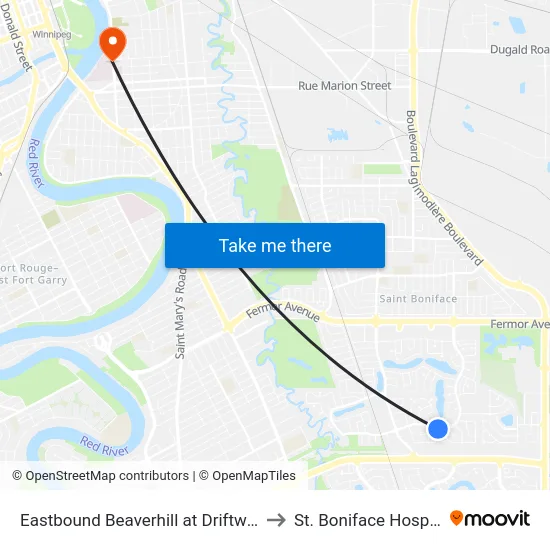 Eastbound Beaverhill at Driftwood to St. Boniface Hospital map
