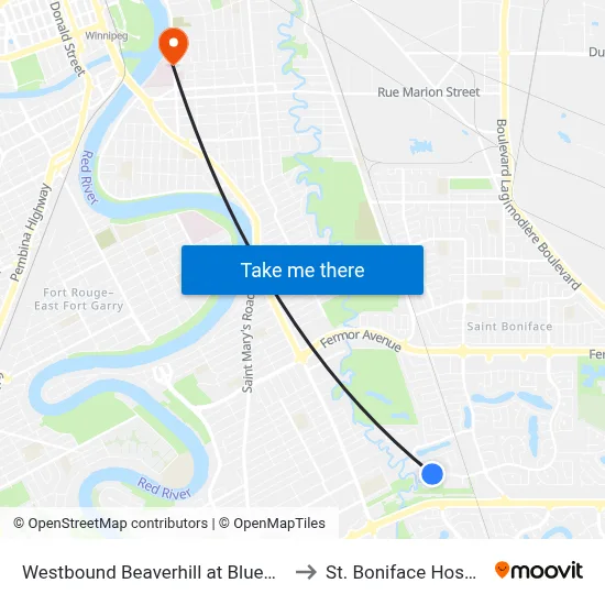 Westbound Beaverhill at Bluewater to St. Boniface Hospital map