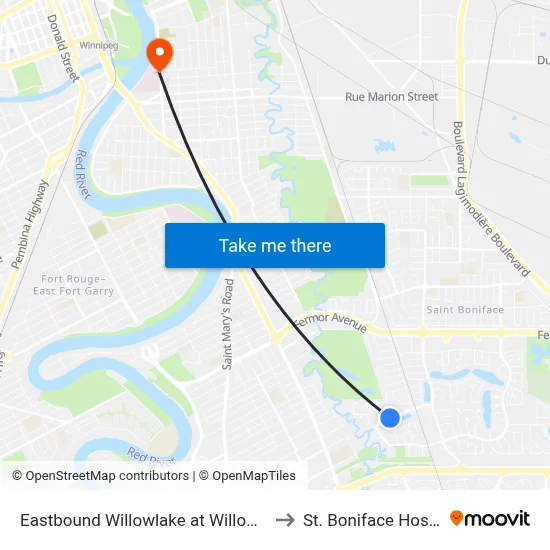 Eastbound Willowlake at Willow Point to St. Boniface Hospital map