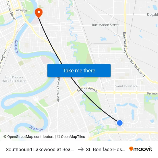 Southbound Lakewood at Beaverhill to St. Boniface Hospital map