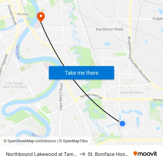 Northbound Lakewood at Tamarac to St. Boniface Hospital map