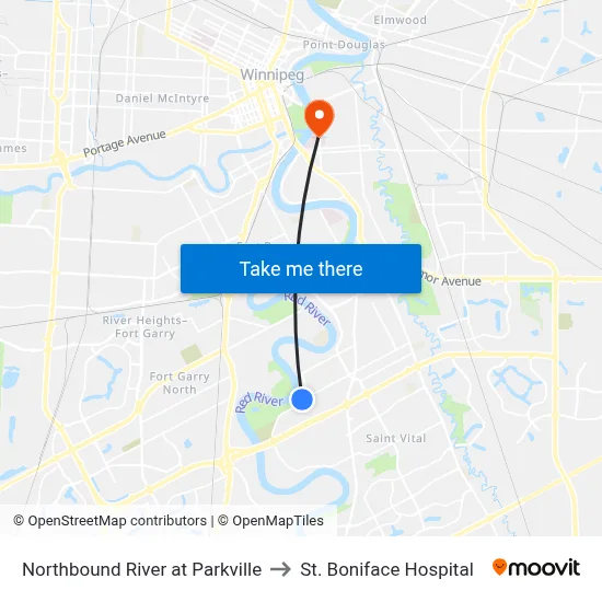 Northbound River at Parkville to St. Boniface Hospital map