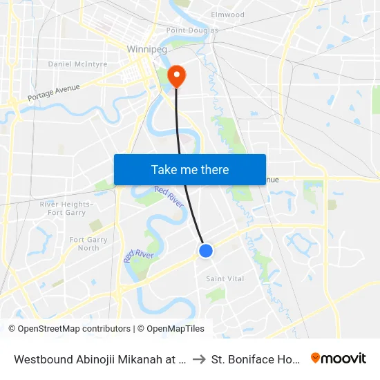 Westbound Abinojii Mikanah at Dakota to St. Boniface Hospital map