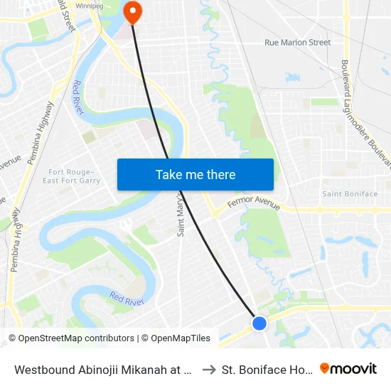 Westbound Abinojii Mikanah at St. Anne's to St. Boniface Hospital map
