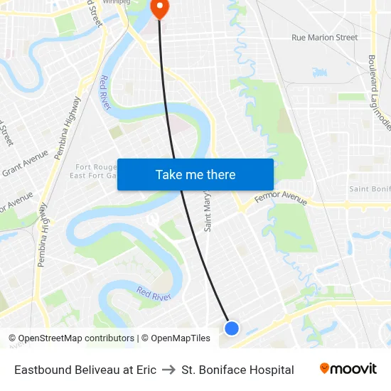 Eastbound Beliveau at Eric to St. Boniface Hospital map