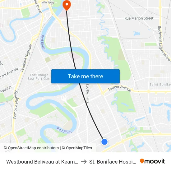 Westbound Beliveau at Kearney to St. Boniface Hospital map