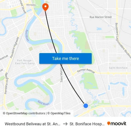 Westbound Beliveau at St. Anne's to St. Boniface Hospital map