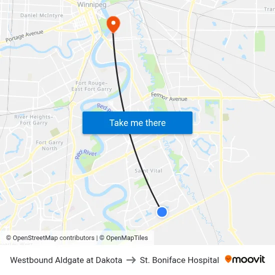 Westbound Aldgate at Dakota to St. Boniface Hospital map