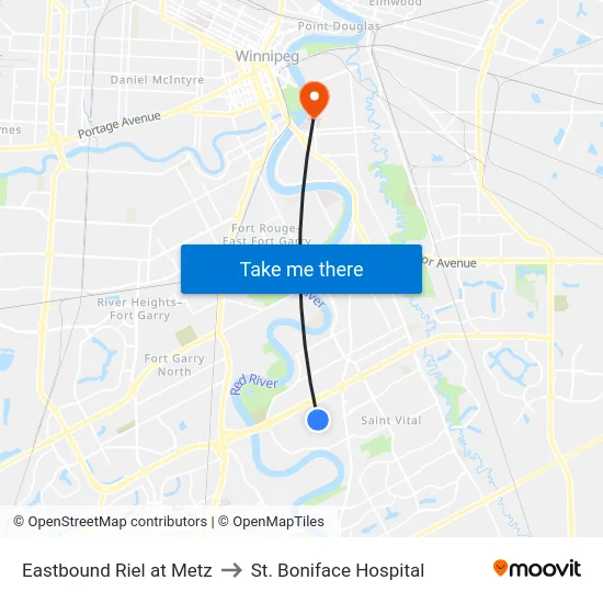 Eastbound Riel at Metz to St. Boniface Hospital map