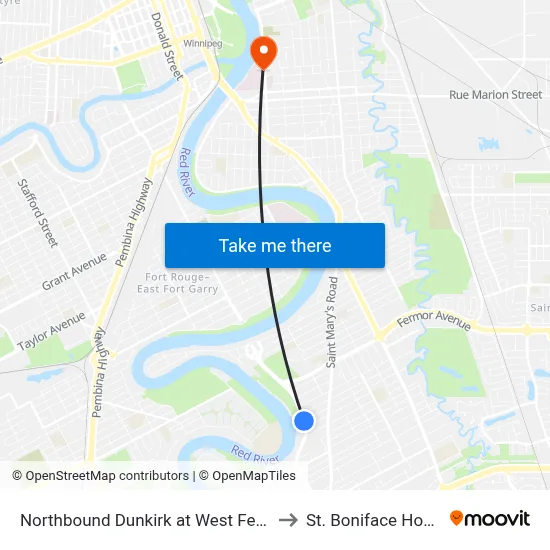 Northbound Dunkirk at West Fernwood to St. Boniface Hospital map