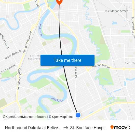 Northbound Dakota at Beliveau to St. Boniface Hospital map