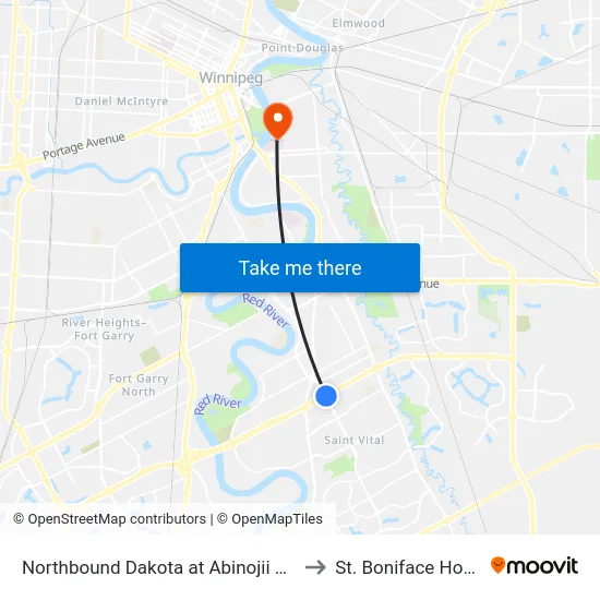 Northbound Dakota at Abinojii Mikanah to St. Boniface Hospital map