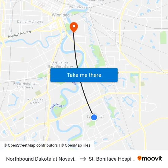 Northbound Dakota at Novavista to St. Boniface Hospital map