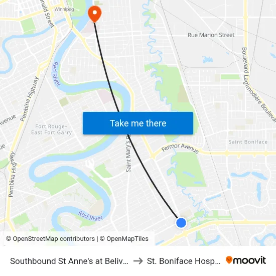 Southbound St Anne's at Beliveau to St. Boniface Hospital map