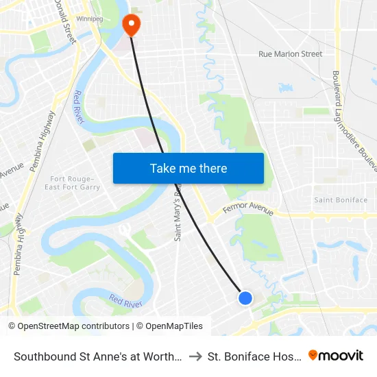 Southbound St Anne's at Worthington to St. Boniface Hospital map
