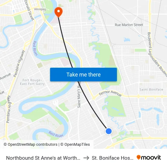 Northbound St Anne's at Worthington to St. Boniface Hospital map