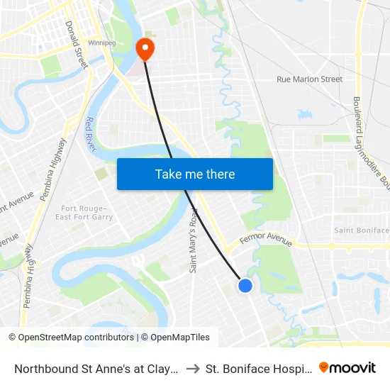 Northbound St Anne's at Clayton to St. Boniface Hospital map