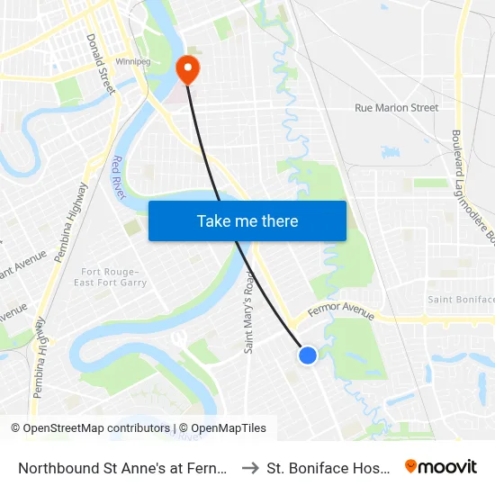 Northbound St Anne's at Fernwood to St. Boniface Hospital map