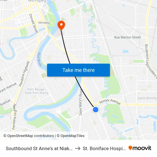 Southbound St Anne's at Niakwa to St. Boniface Hospital map