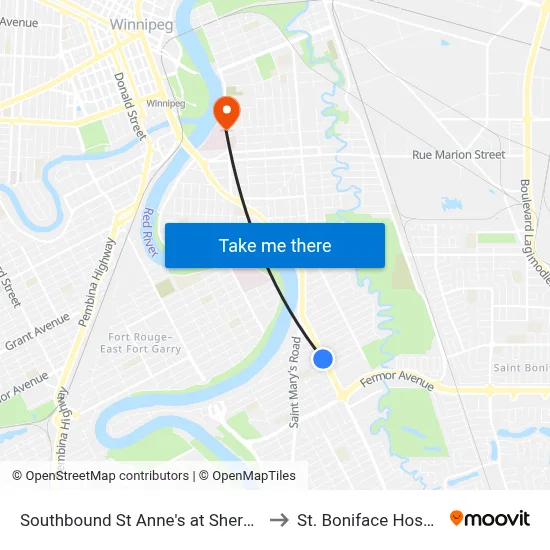Southbound St Anne's at Sherwood to St. Boniface Hospital map