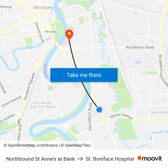 Northbound St Anne's at Bank to St. Boniface Hospital map