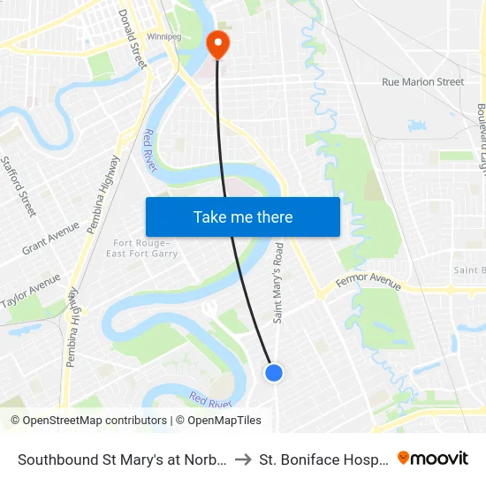 Southbound St Mary's at Norberry to St. Boniface Hospital map