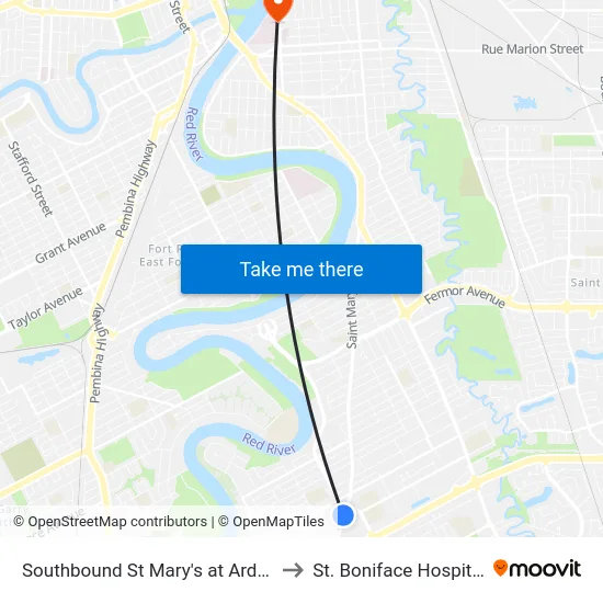 Southbound St Mary's at Arden to St. Boniface Hospital map