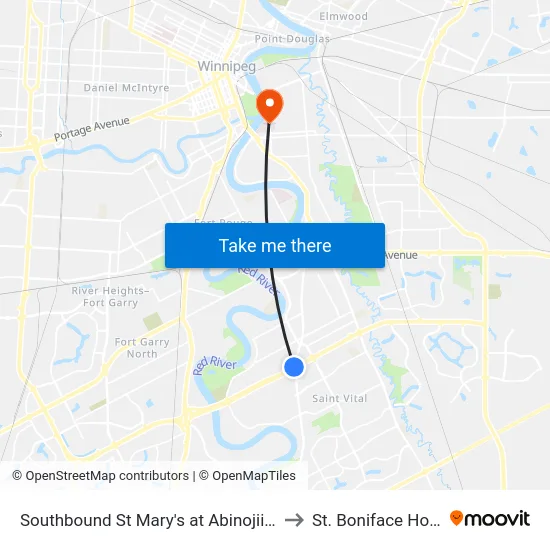 Southbound St Mary's at Abinojii Mikanah to St. Boniface Hospital map