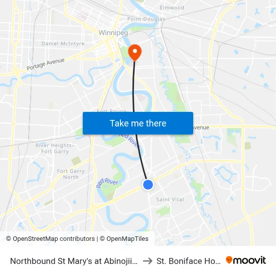Northbound St Mary's at Abinojii Mikanah to St. Boniface Hospital map
