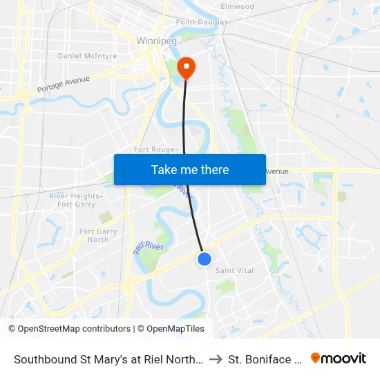 Southbound St Mary's at Riel North (St. Vital Centre) to St. Boniface Hospital map