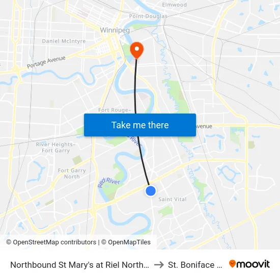 Northbound St Mary's at Riel North (St. Vital Centre) to St. Boniface Hospital map