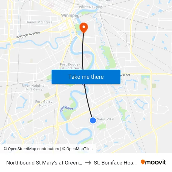 Northbound St Mary's at Greenwood to St. Boniface Hospital map
