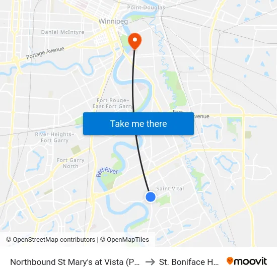 Northbound St Mary's at Vista (Park & Ride) to St. Boniface Hospital map