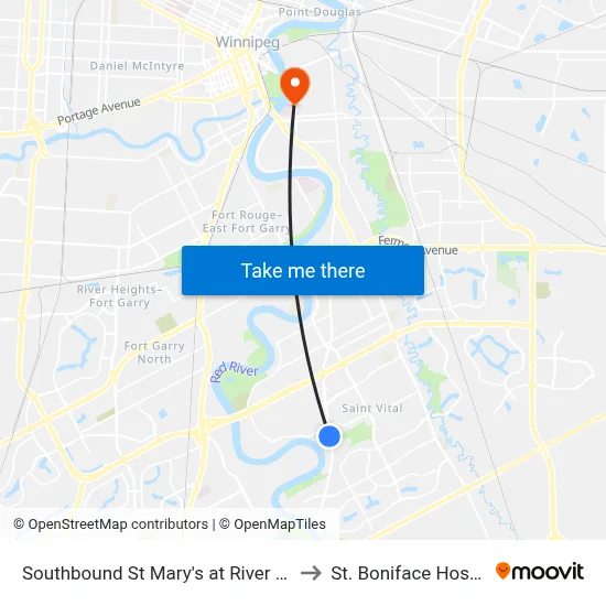 Southbound St Mary's at River South to St. Boniface Hospital map