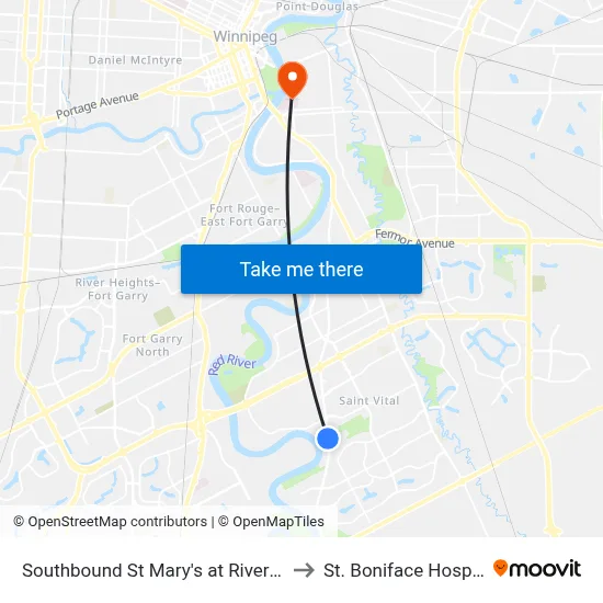 Southbound St Mary's at Rivergate to St. Boniface Hospital map