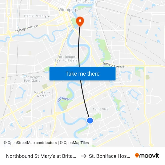 Northbound St Mary's at Britannica to St. Boniface Hospital map