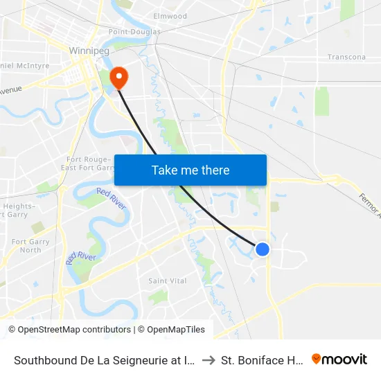 Southbound De La Seigneurie at Island Lakes to St. Boniface Hospital map