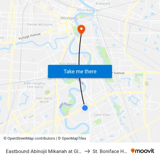 Eastbound Abinojii Mikanah at Glen Meadow to St. Boniface Hospital map