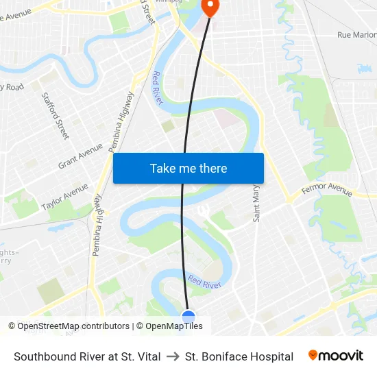 Southbound River at St. Vital to St. Boniface Hospital map