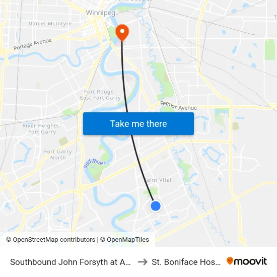 Southbound John Forsyth at Ashford to St. Boniface Hospital map