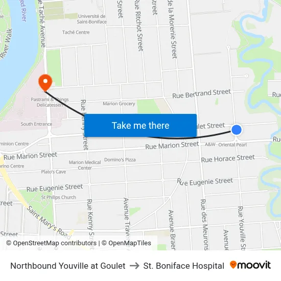 Northbound Youville at Goulet to St. Boniface Hospital map