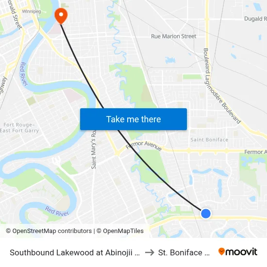 Southbound Lakewood at Abinojii Mikanah North to St. Boniface Hospital map